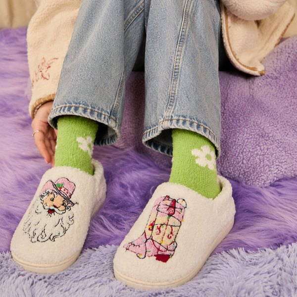 Cowboy Santa and Pink Boot Sherpa Slippers