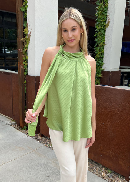 Figuring It Out Green Sleeveless Self Tie Blouse
