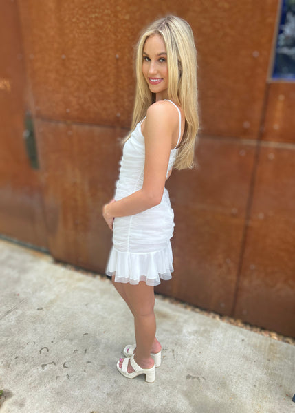 Follow Your Heart White Ruched Mini Dress