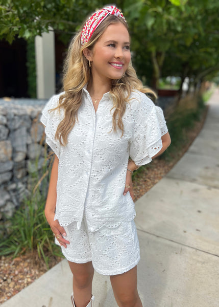 Chasing After You White Eyelet Button Up Top