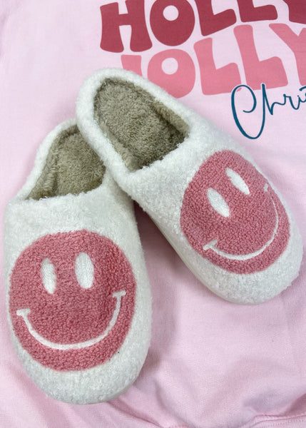 Smile Fuzzy Slippers - Pink/White