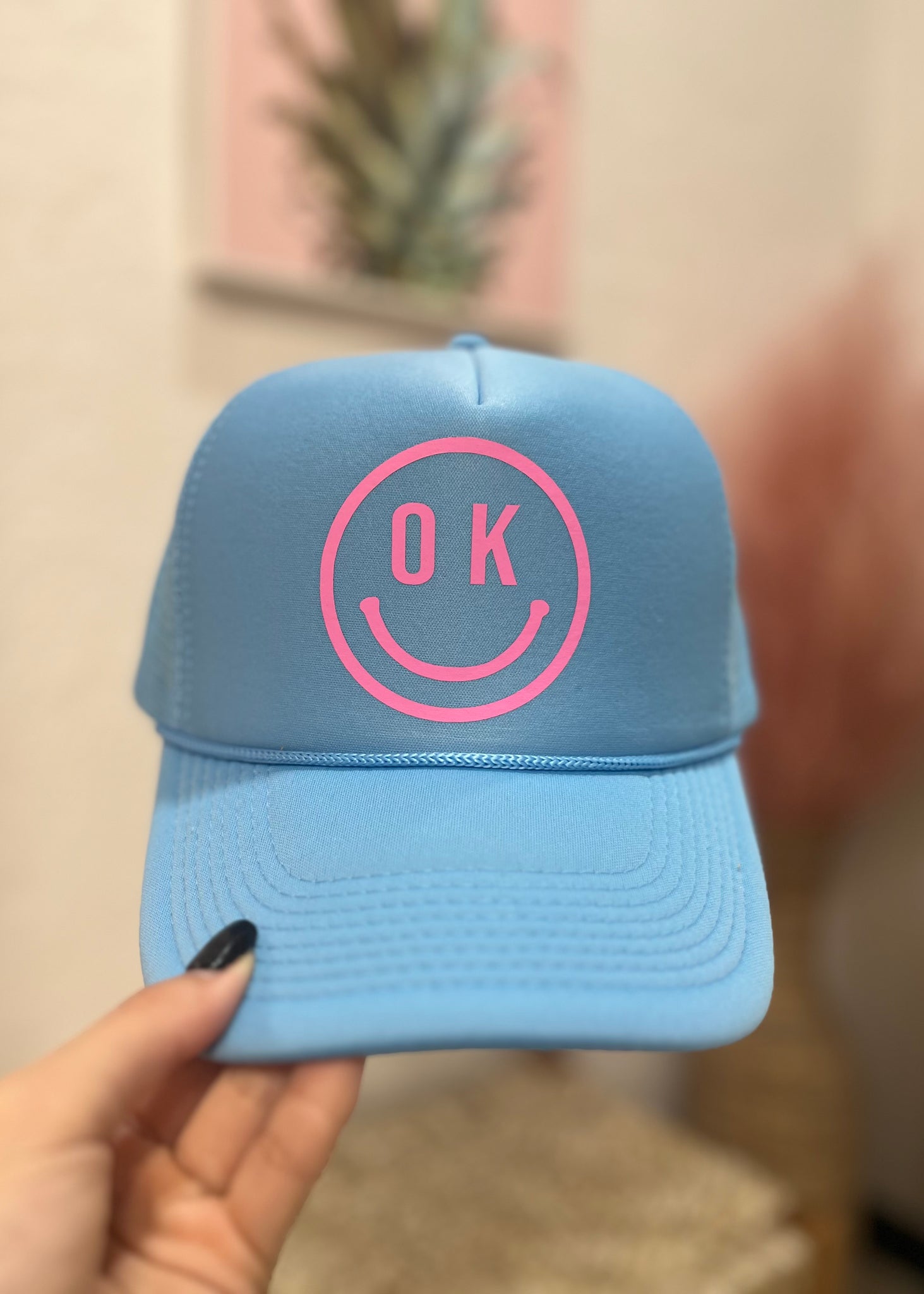 Smiley "OK " Trucker Hat - Blue/Pink
