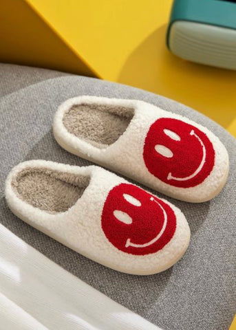 Smile Fuzzy Slippers - White/Red Smiley