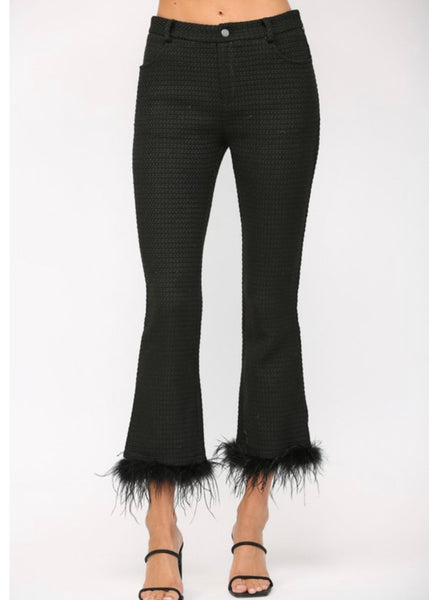 Not Only In Paris Feather Trim Black Flare Pants