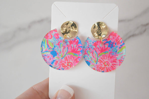 Preppy Earrings, Colorful Notched Circle Earrings, Floral Su