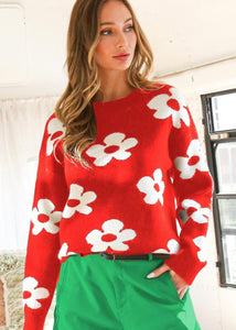 So In Love Red & White Flower Sweater