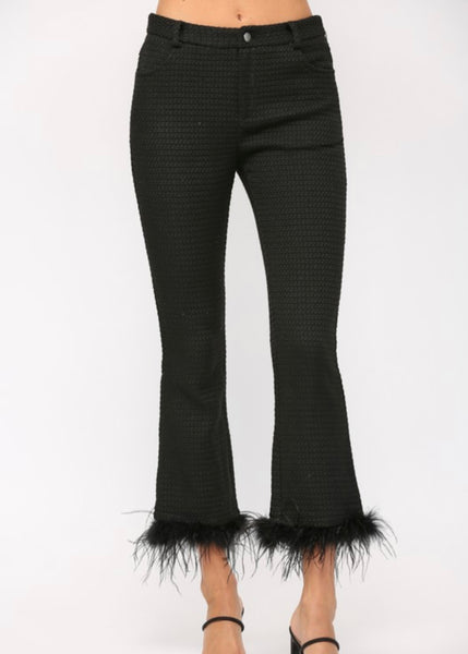 Not Only In Paris Feather Trim Black Flare Pants