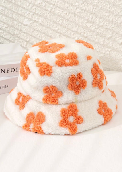 Floral Teddy Fur Bucket Hat - Orange