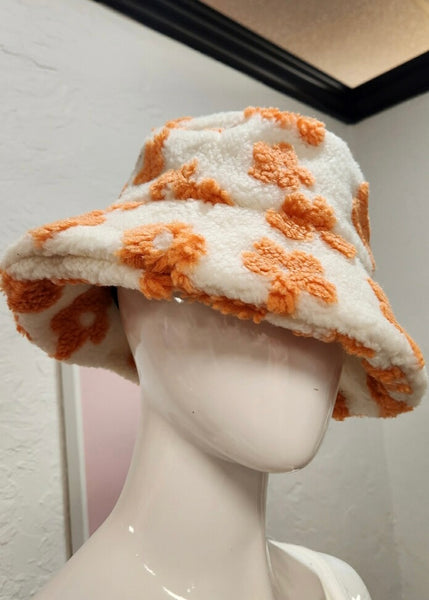 Floral Teddy Fur Bucket Hat - Orange