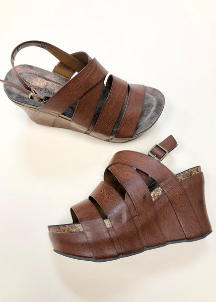 Indeed Brown Strappy Cork Wedge