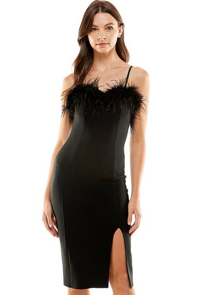 Ring In The New Year Black Feather Trim Dress