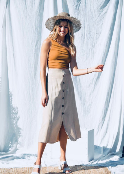 Basic Instinct One Shoulder Crop Top-Camel