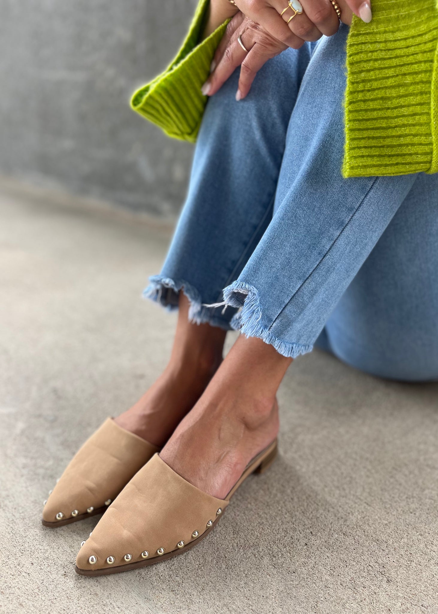 Studded top mule shoes