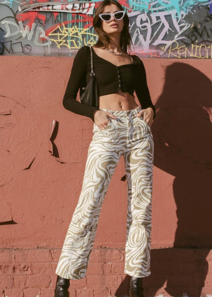 No Approval Needed White Swirl Print Straight Leg Pant