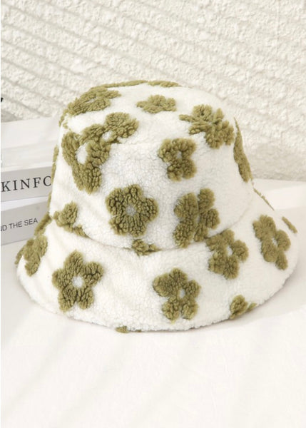 Floral Teddy Fur Bucket Hat - Green