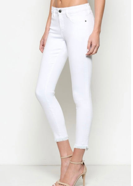 Amelia Mid Rise White Frayed Hem Skinny Jean