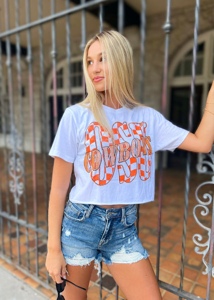 OSU Cowboys Twisted Check White Cropped Tee