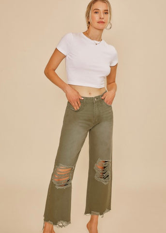 No Apologies Olive Distressed Straight Leg Denim