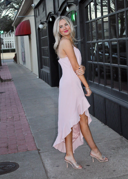 Showtime Asymmetrical Midi Dress - Blush Pink