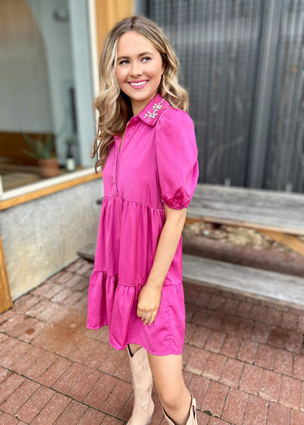 Classy Sassy Magenta Jeweled Collar Dress