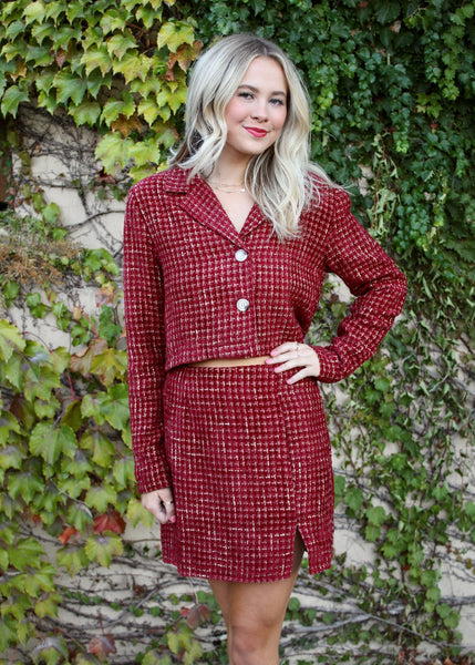 Hanging Around For Fall Tweed Skirt - Burgundy