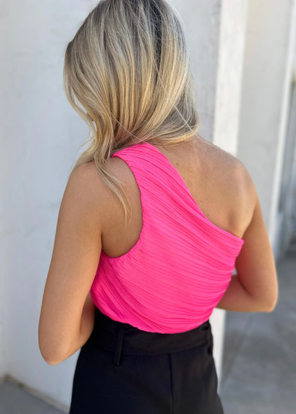 Brighter World Hot Pink One Shoulder Pleated Top