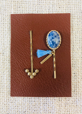 Western Oval Stone Hair Pin Set - Blue